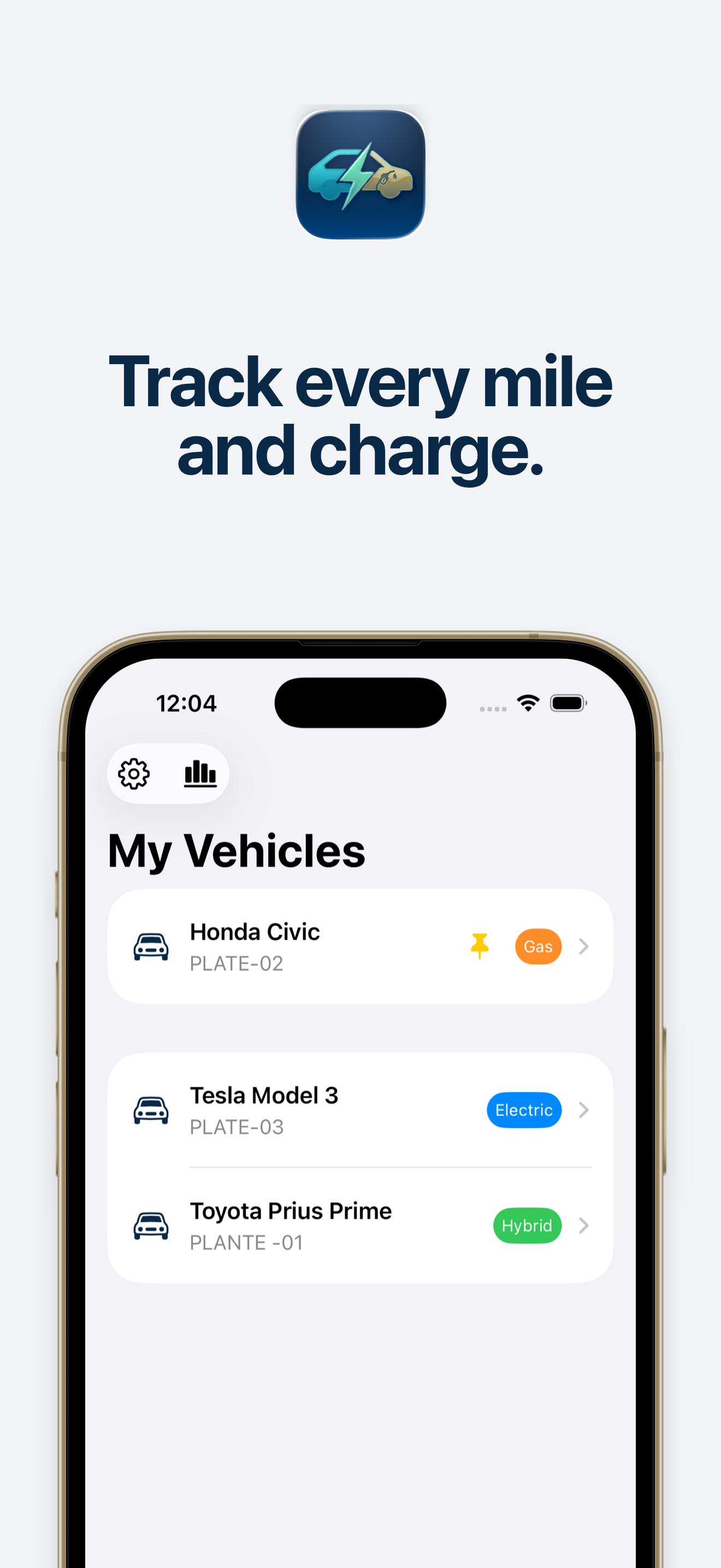 Hybrid Tracker — My Vehicles screen showing Gas, Electric, and Hybrid cars