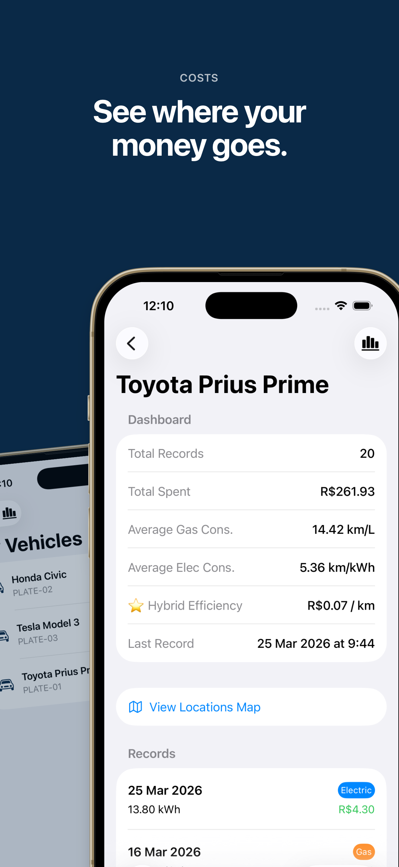 Cost dashboard with side-by-side vehicle comparison
