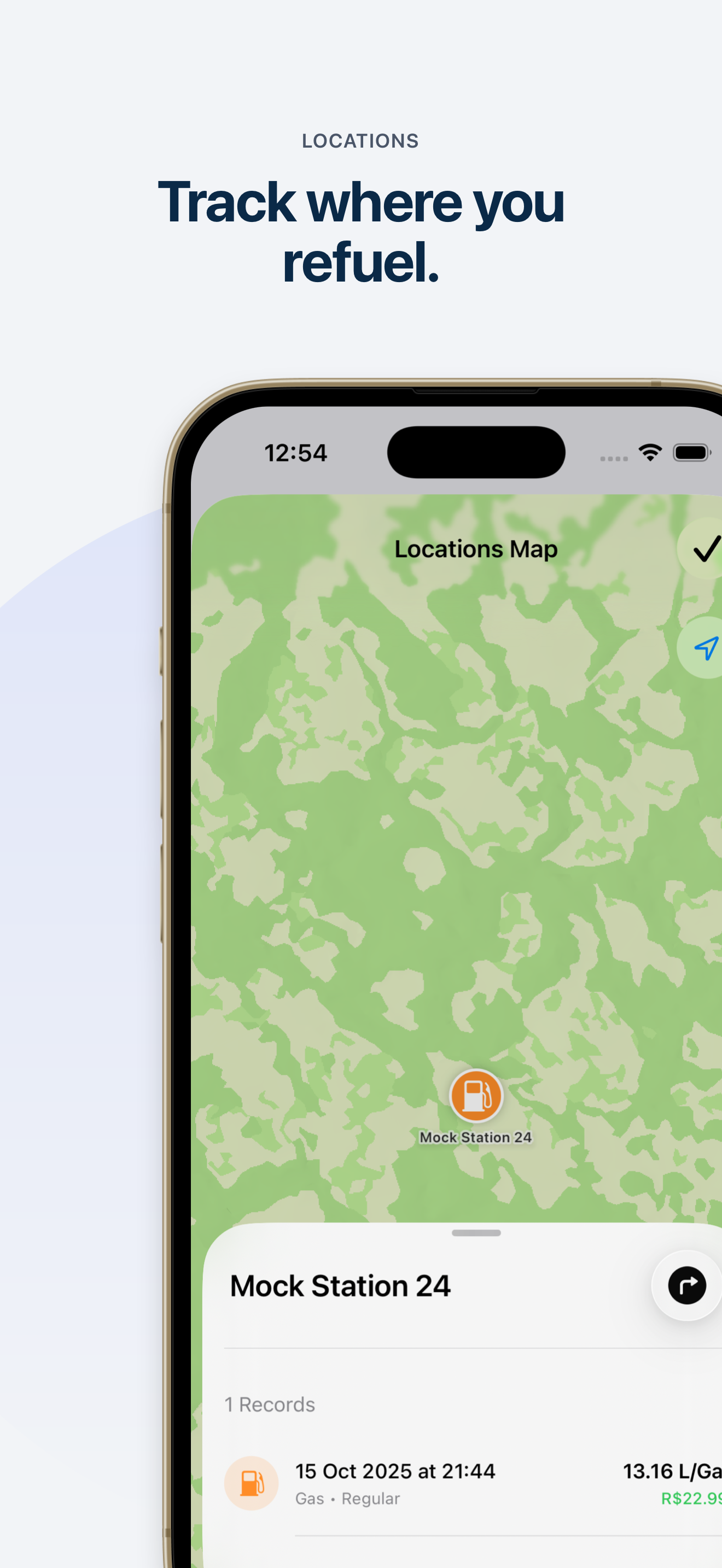 Map view showing saved refueling locations with station details