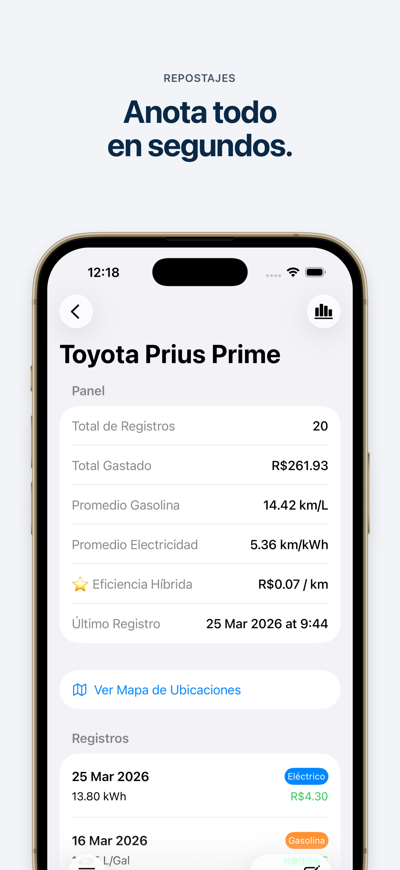 Panel del vehículo con registros y consumo promedio