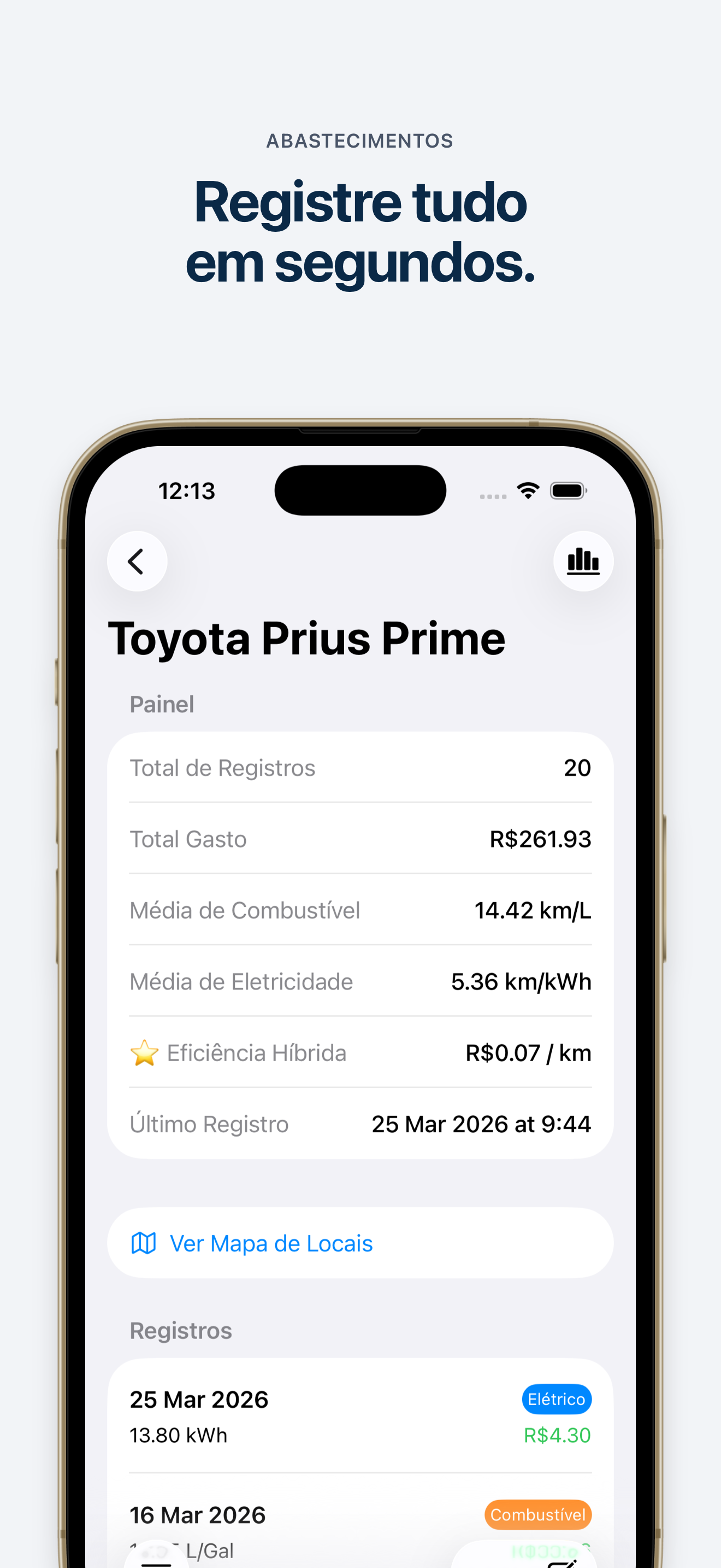Painel do veículo com registros e consumo médio