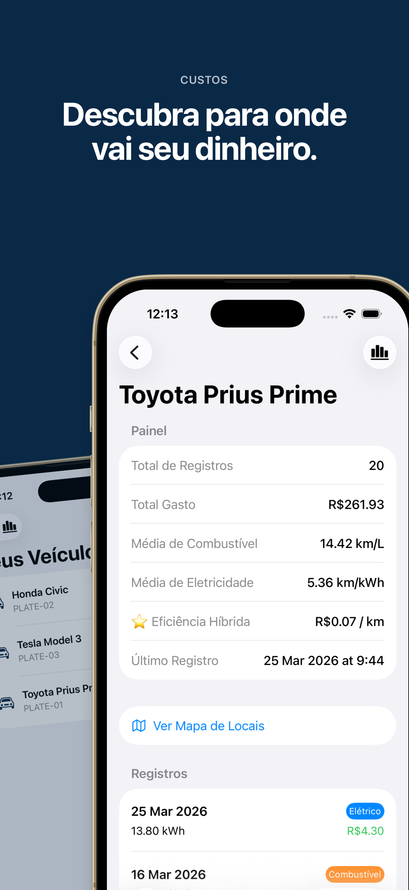 Painel de custos com comparação de veículos